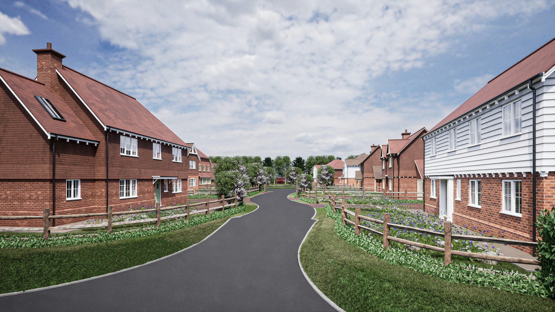 a rendering of a residential street in a residential area