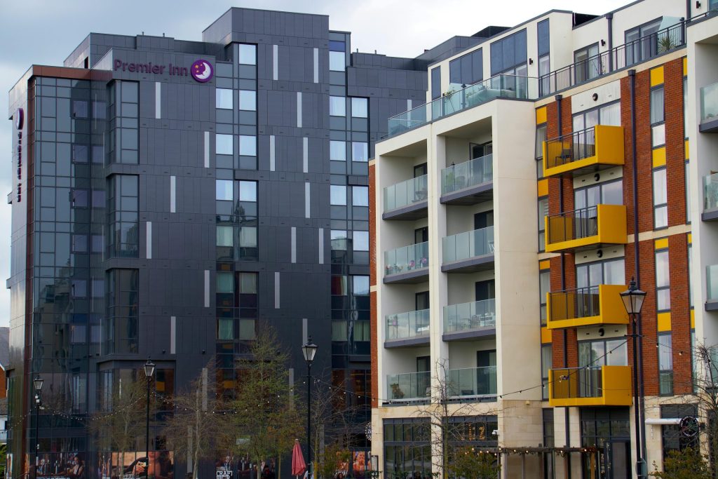 Contemporary architecture of apartment buildings near Premier Inn in Bedford, England.